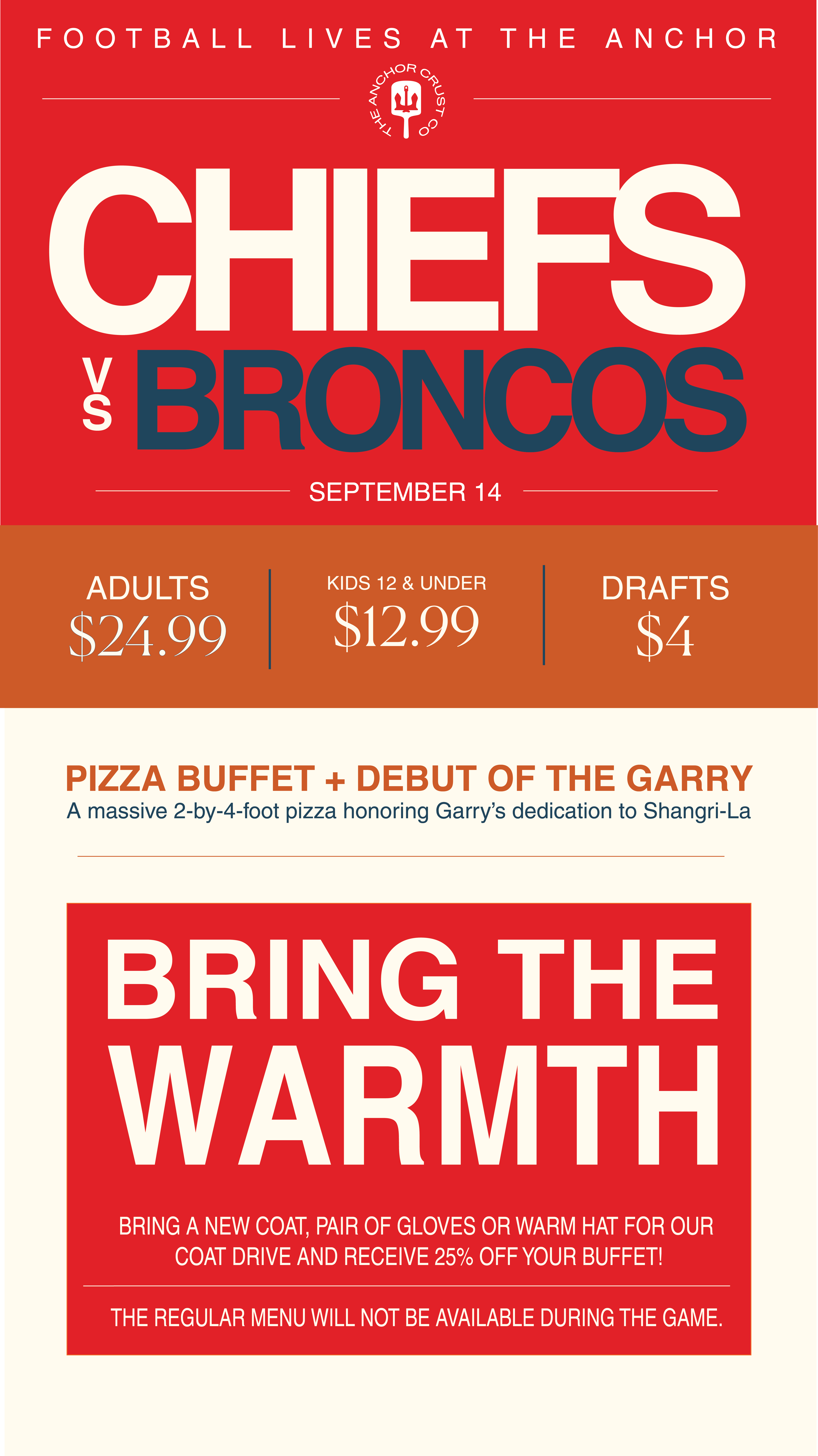 Coats for Kids kickoff at The Anchor on September 14, 2026 during the Chiefs versus Broncos game, featuring a pizza buffet and the debut of The Garry pizza.