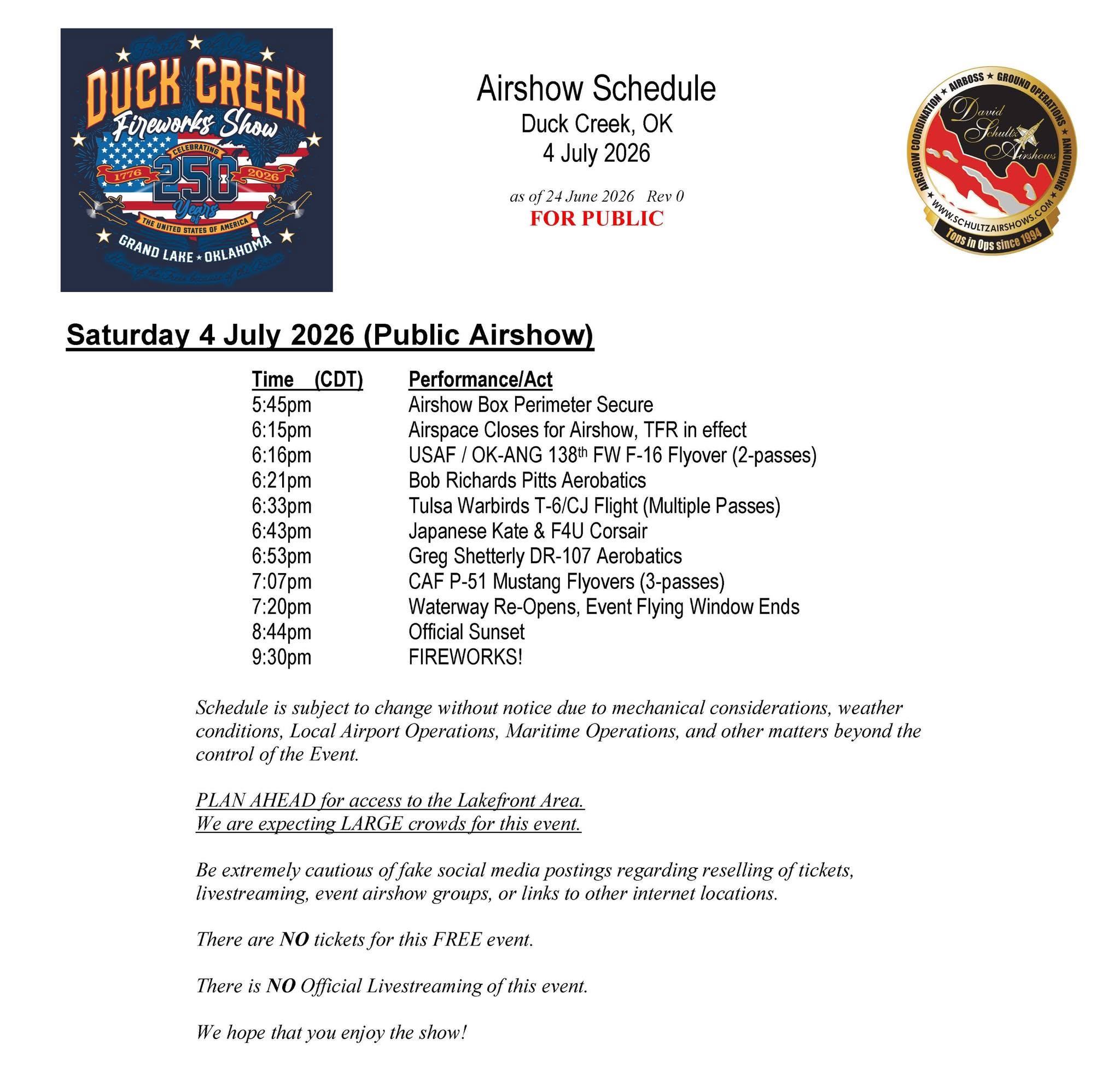 Duck Creek Official Airshow Schedule – Saturday July 4, 2026