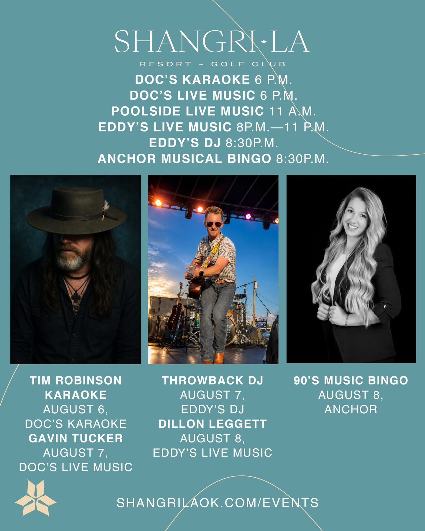 Shangri-La Resort & Golf Club Entertainment August 6–8, 2026: Tim Robinson Karaoke at Doc's (Aug 6), Gavin Tucker at Doc's Live Music (Aug 7), Throwback DJ at Eddy's (Aug 7), Dillon Leggett at Eddy's Live Music (Aug 8), 90s Music Bingo at The Anchor (Aug 8)