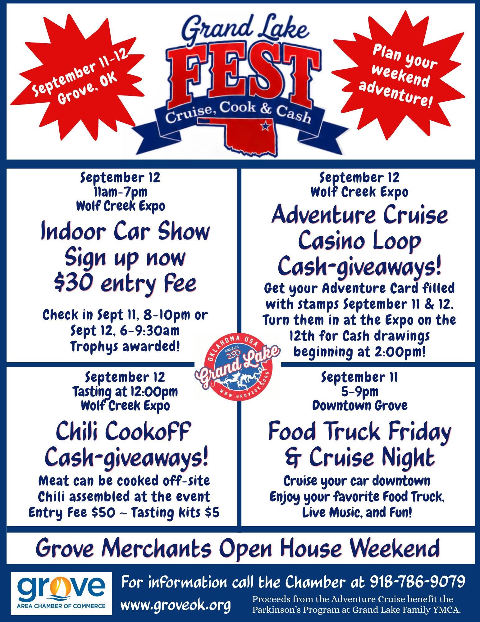 Grand Lake Fest Cruise, Cook and Cash in Grove, Oklahoma, September 11–12, 2026, featuring Food Truck Friday, an indoor car show, adventure cruise, chili cookoff, and merchant open houses.