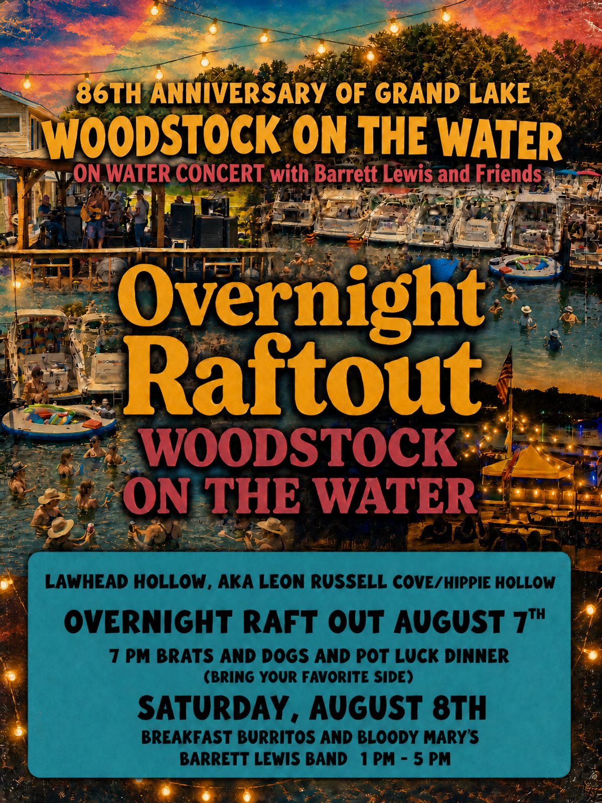 Woodstock on the Water – 86th Anniversary of Grand Lake – Overnight Raft-Out August 7 & On-Water Concert August 8, 2026 – Barrett Lewis Band at Lawhead Hollow